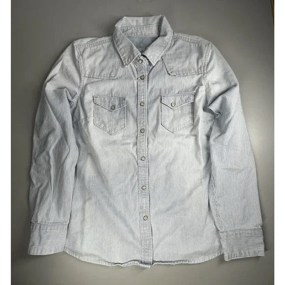 Gap 1969 Denim Pearl Snap Shirt Womens XL Light Blue Stripe Western Country - Picture 2 of 14